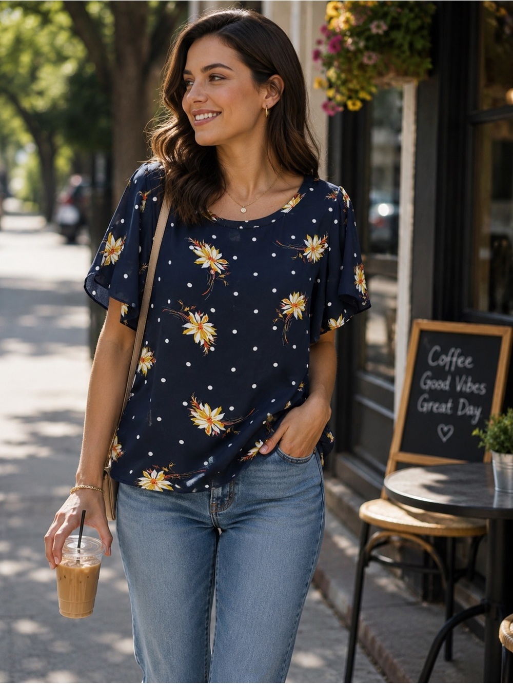 BANANA REPUBLIC Navy Floral & Polka Dot Sheer Short Sleeve Flowy Feminine Sz L
